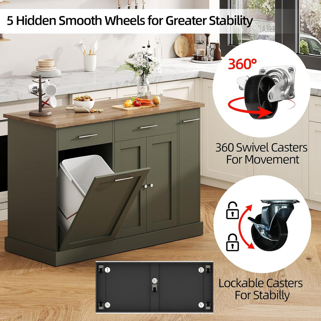 4 EVER WINNER 53" Kitchen Island with Storage, Rolling Kitchen Island with 3-Large Spice Racks and Trash can, Portable Island for Kitchen with Adjustable Shelves, Green