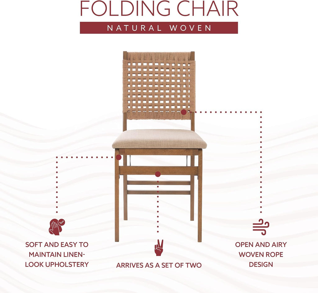 Linon Bennett Natural Folding Chair with Woven Rope Back and Linen Upholstered Seat Set of 2