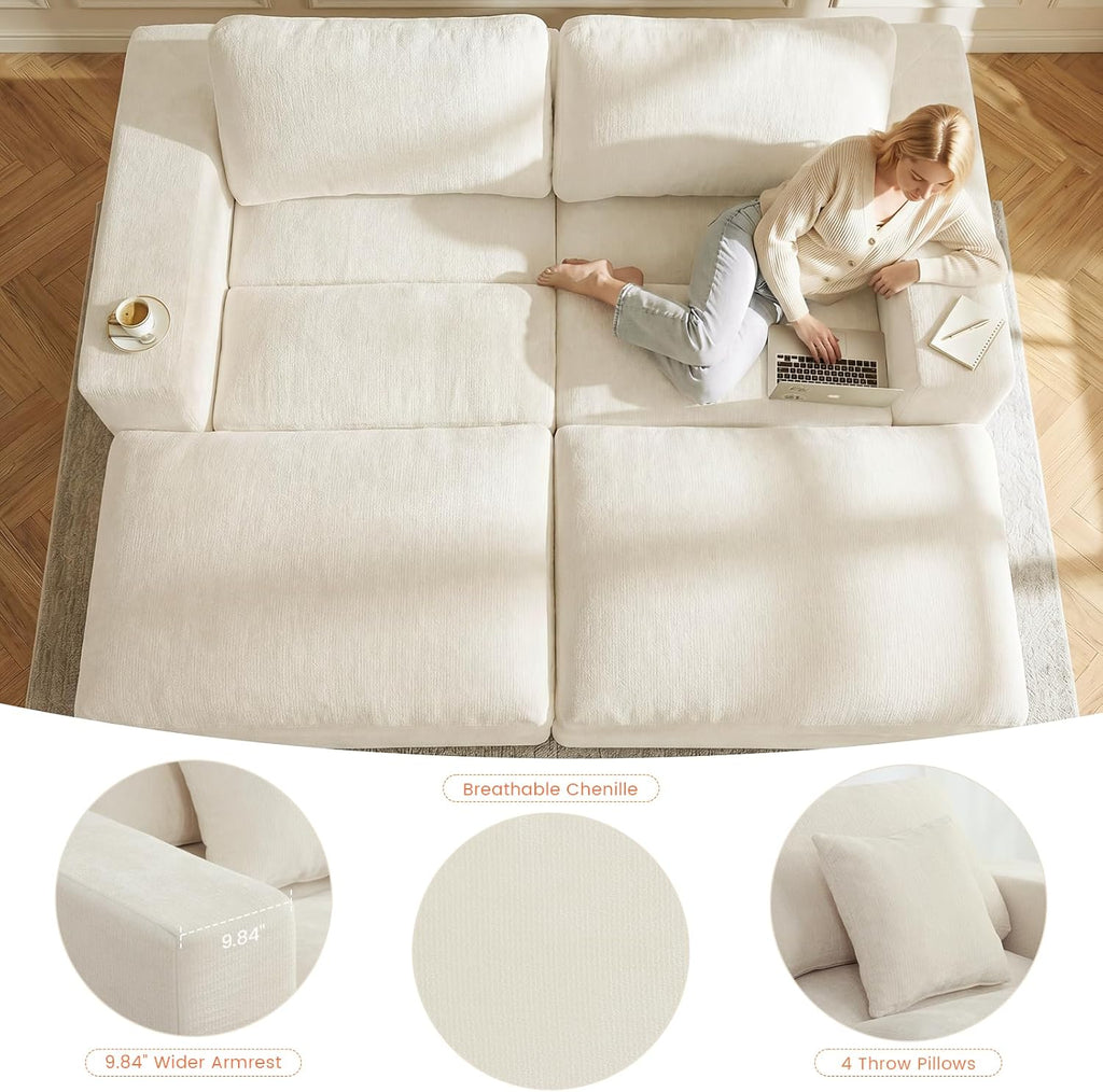 80.7" Oversized Double Chaise Lounge Chair Indoor, Cloud Boneless Sleeper Sofa Bed with 4 Pillows, Extra Deep Seat Cozy Loveseat Couch for Living Room Bedroom, No Assembly Required (Beige)