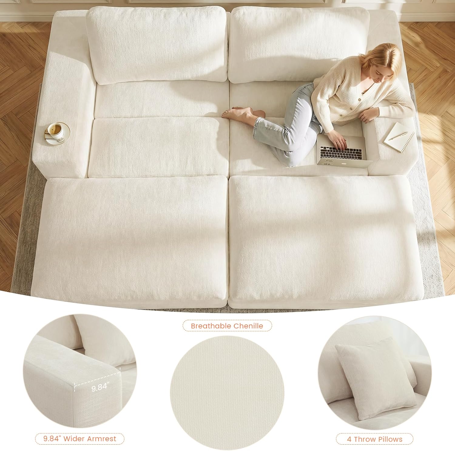 80.7" Oversized Double Chaise Lounge Chair Indoor, Cloud Boneless Sleeper Sofa Bed with 4 Pillows, Extra Deep Seat Cozy Loveseat Couch for Living Room Bedroom, No Assembly Required (Beige)