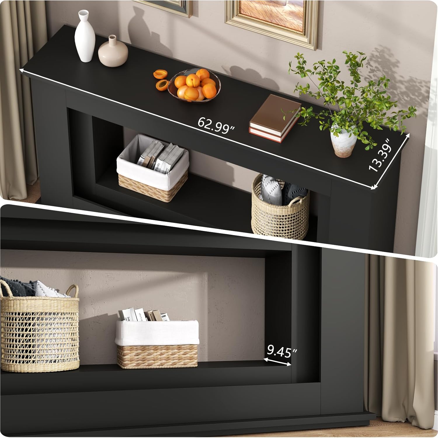 Loomie 63” Long Console Tables for Entryway, Narrow Long Entry Table with LED Lights, 2-Tier Sofa Table Behind Couch, Modern Hallway Accent Table for Living Room, Entrance (Black)