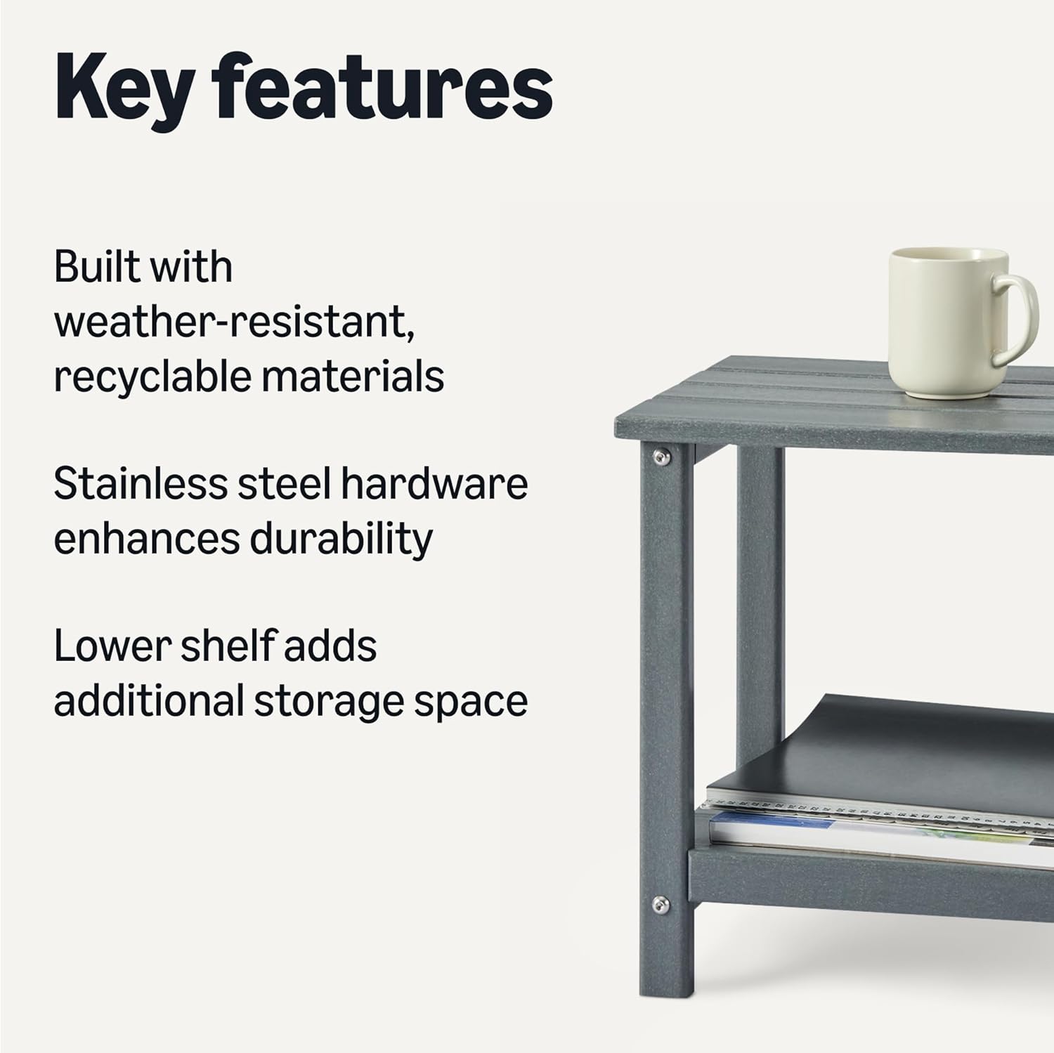 Amazon Basics Outdoor Side Table with Lower Shelf, Weather-Resistant Stainless Steel, 41.91cm x 32cm x 41.91cm, Grey, 1-Pack