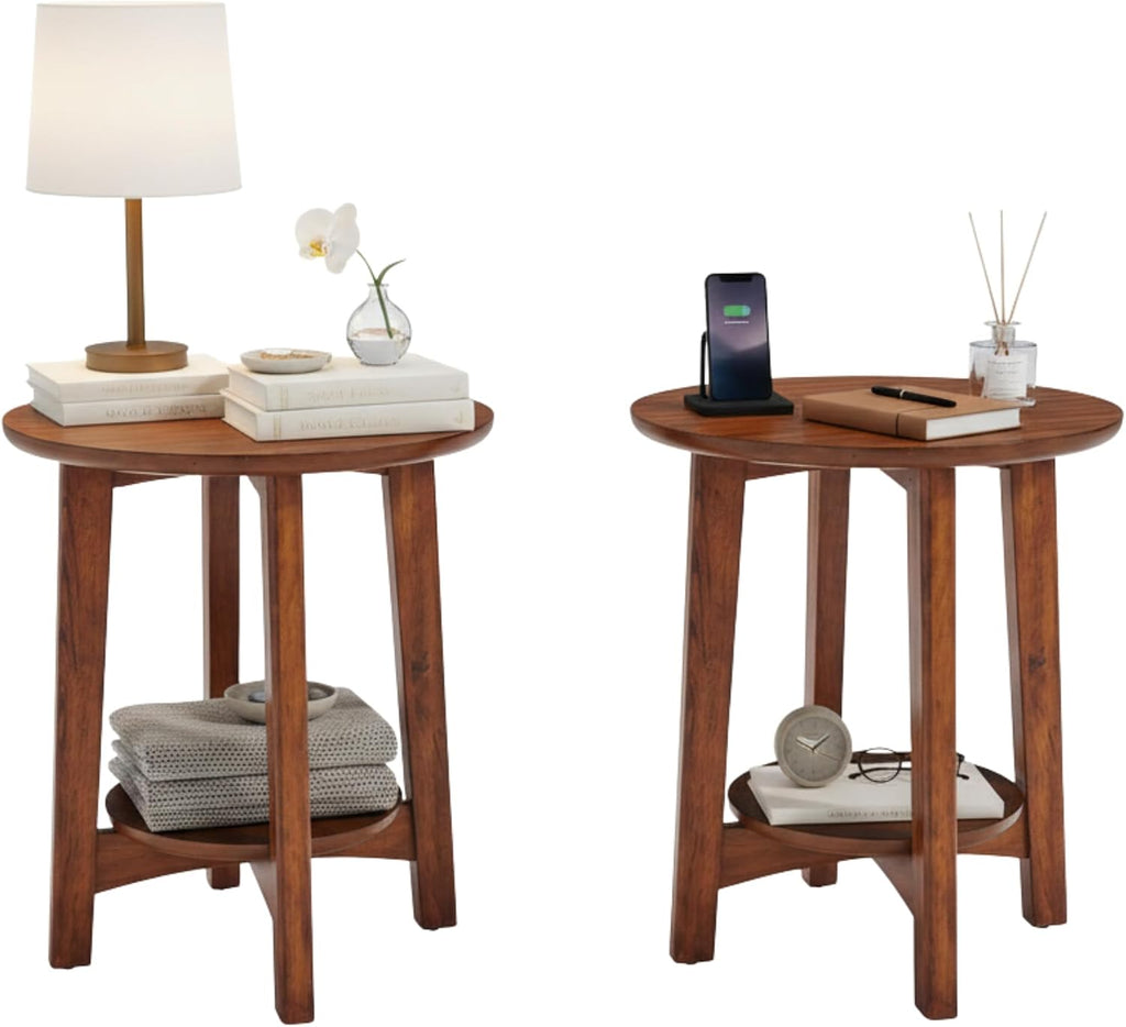 Alaterre Furniture Monterey End Tables – Set of 2 Round Side Tables with Storage Shelf – Mid-Century Modern Nightstand & Accent Table for Living Room or Bedroom (Warm Chestnut)