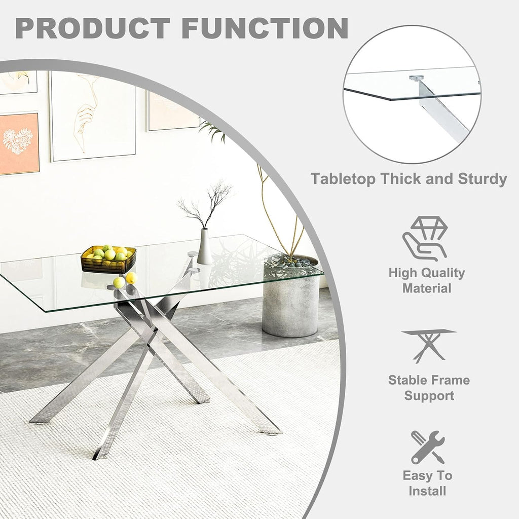 51 Inch Glass Dining Table Set for 4, Modern Rectangular Glass Kitchen Table with 4 Upholstered Velvet Chairs, Space-Saving Dining Room Set for Living Room, Kitchen, Apartment - Black Silver