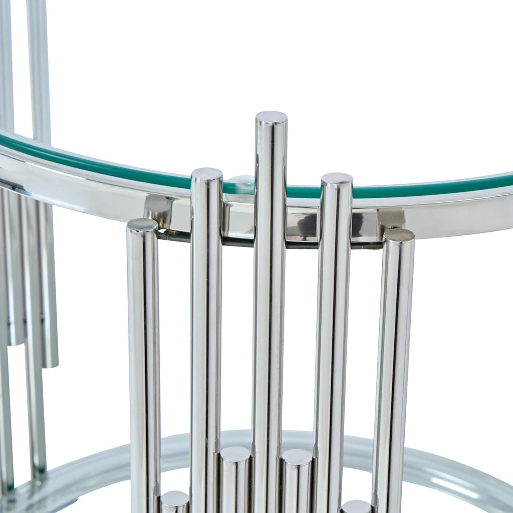 Modern Glass End Table, 19.69" Round Sofa Side Table with Silver Stainless Steel Frame and Clear Glass Top, Cocktail Tea Table, Luxury 2-Tier End Table with Storage Shelves for Home Office