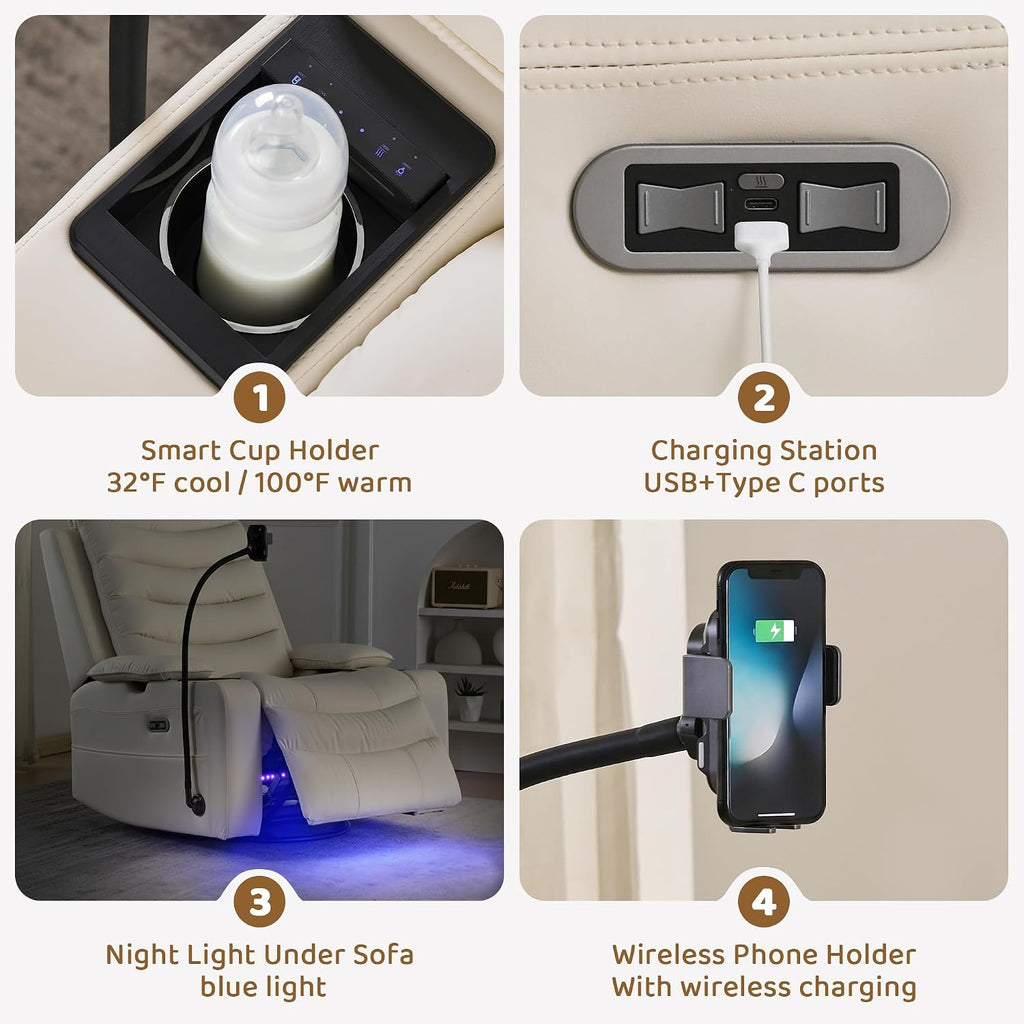 Olela Power Glider Recliner Nursery Chair, Leather Swivel Rocking Chair with Electric Lumbar Support, USB Charging, Smart Cup Holder, Light, Adjustable Armrest, Wireless Phone Charger Holder