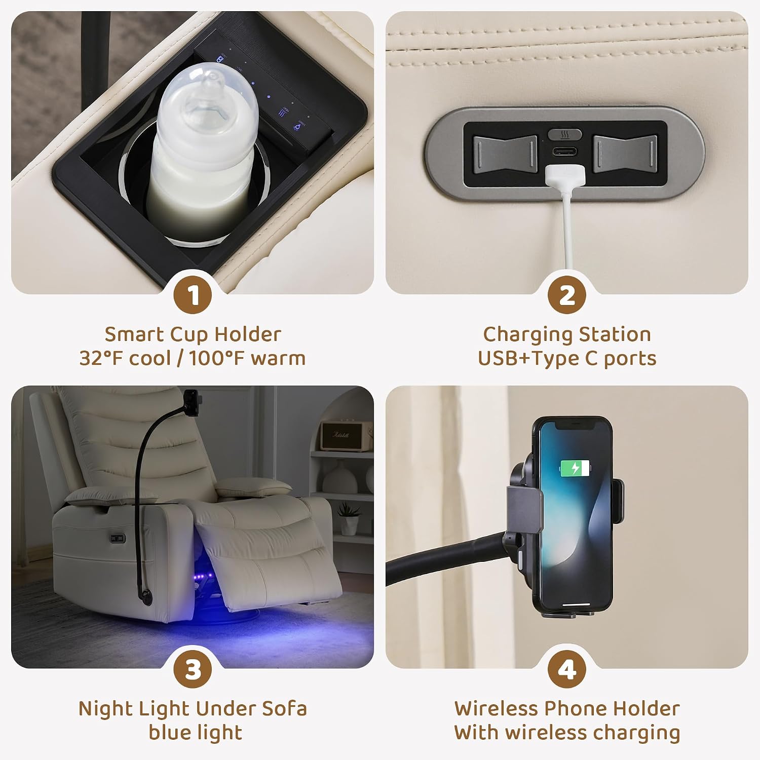 Olela Power Glider Recliner Nursery Chair, Leather Swivel Rocking Chair with Electric Lumbar Support, USB Charging, Smart Cup Holder, Light, Adjustable Armrest, Wireless Phone Charger Holder