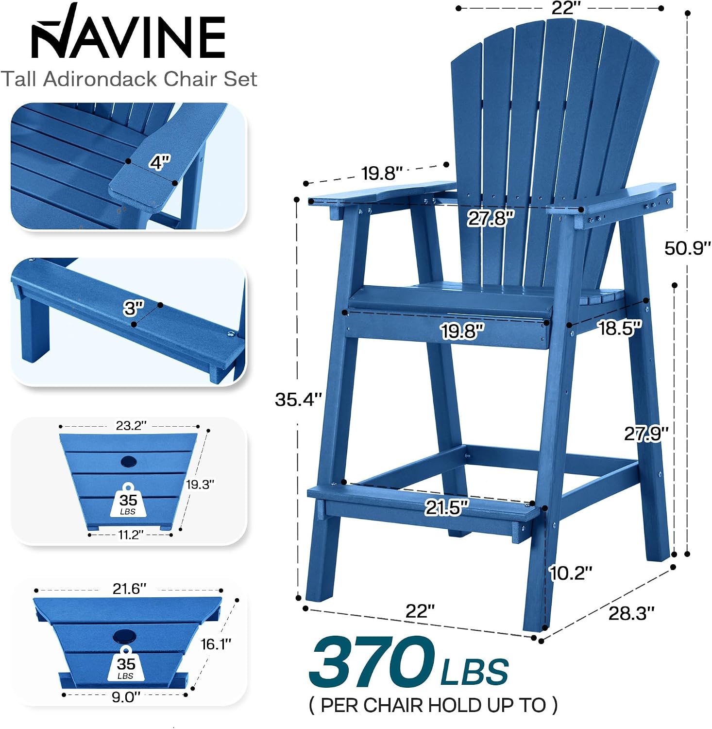 NAVINE Tall Adirondack Chairs Set of 2, HDPE Balcony Chair with Double Connecting Tray, Weather Resistant Outdoor Adirondack Bar Stools for Patio, Deck, Patio, Backyard, Balcony.(Navy Blue)