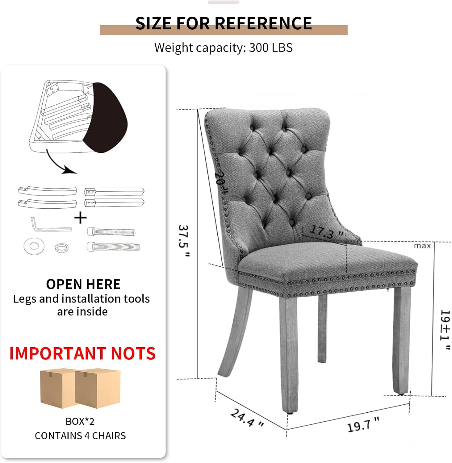 Grey Mid Century Modern Dining Chairs Set of 4, Linen Upholstered Kitchen & Dining Room Chairs with Nailhead Trim & Solid Wood Legs, Elegant Sillas De Comedor (Grey, 4 Pcs)