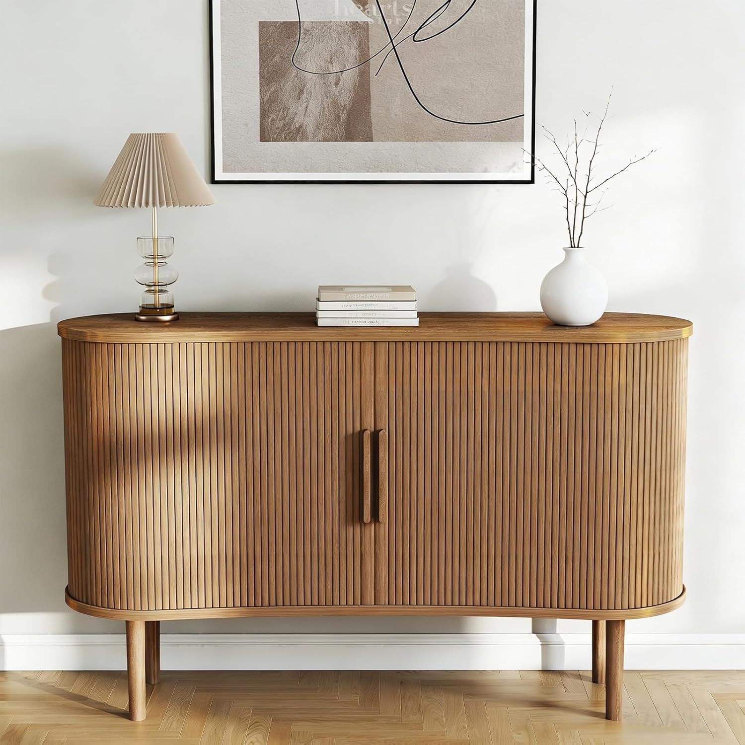 Mid-Century Modern Sideboard Buffet Cabinet, 55" Storage Cabinet with 4 cabinets, Decorative Fluted Sliding Doors for Bedroom Dining Room Small Space, Walnut Finish, Walnut