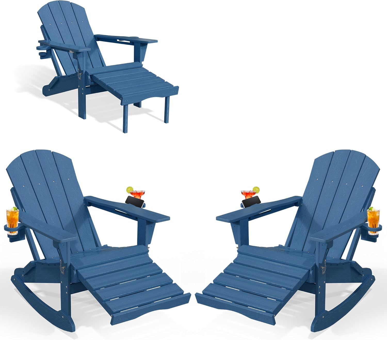 PLUUV Folding Adjustable Adirondack Rocking Chair Set of 2 with Retractable Ottoman and Cup Holders, Outdoor HDPE Adirondack Rocker Patio Chair, Wood-Like Reclining Adirondack Chair, Navy