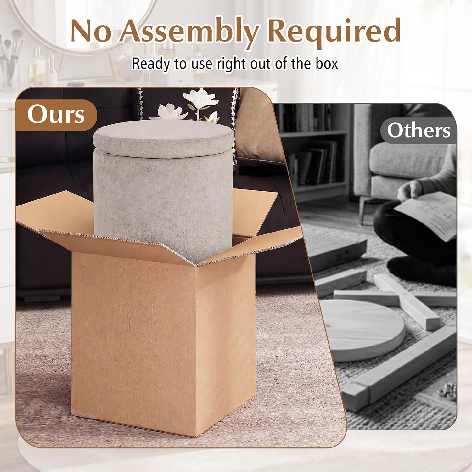Giantex Round Ottoman with Storage, Chenille Fabric Vanity Stool with Removable Lid, Acacia Wood Frame, Ottoman Foot Rest for Living Room, Bedroom, Makeup Room No Assembly (Beige)