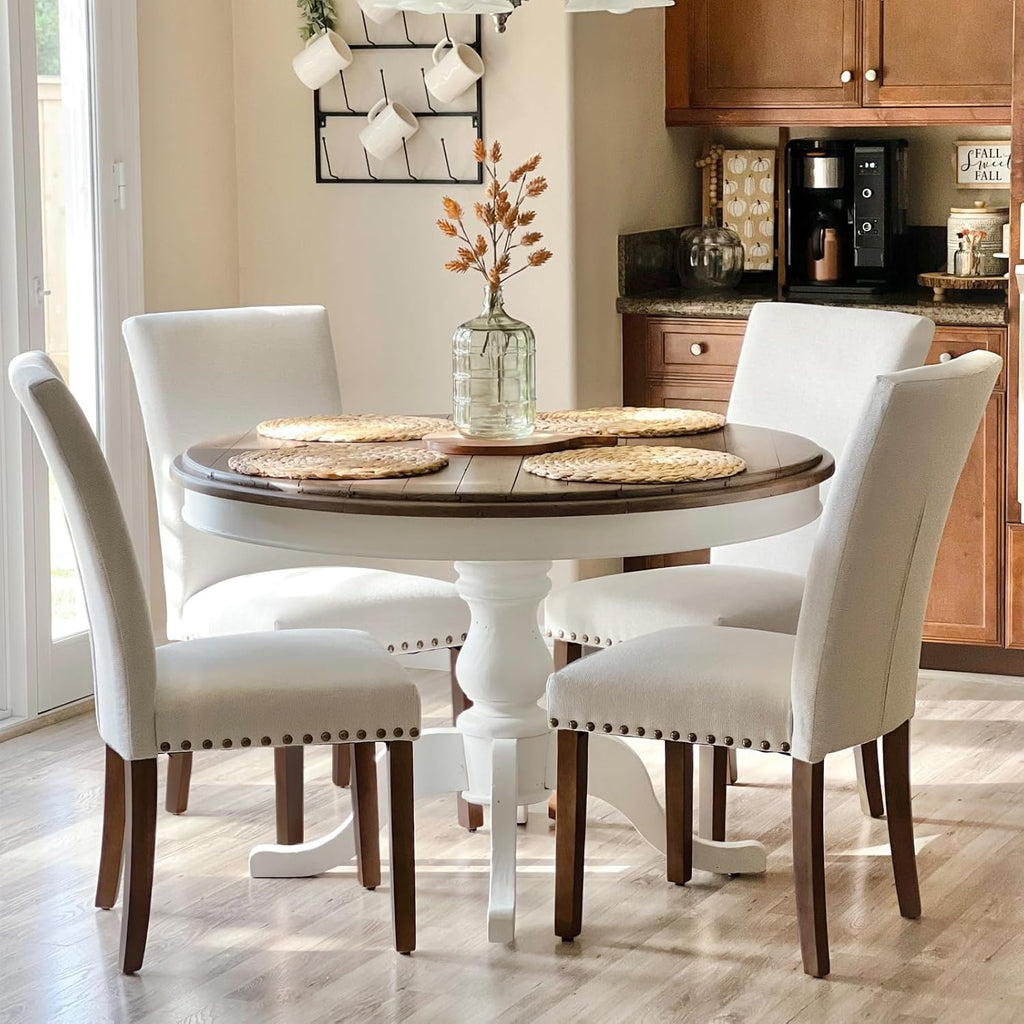 COLAMY Upholstered High Back Dining Chairs Set of 6 with Solid Rubber Wood Legs, Fabric Dining Room Chairs with Comfortable Padded Seat for Dining Room, Classic Gray Damask Pattern, Beige