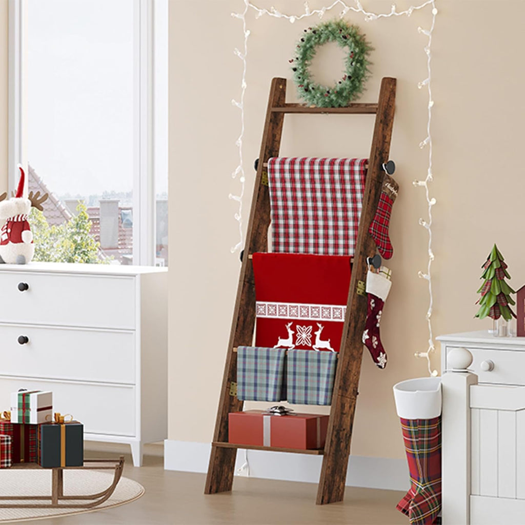 Hzuaneri Blanket Ladder for Living Room, Decorative Quilt Rack with 4 Removable Hooks, 5-Tier Blanket Ladder Shelf for Bedroom,Rustic Brown BR30501X