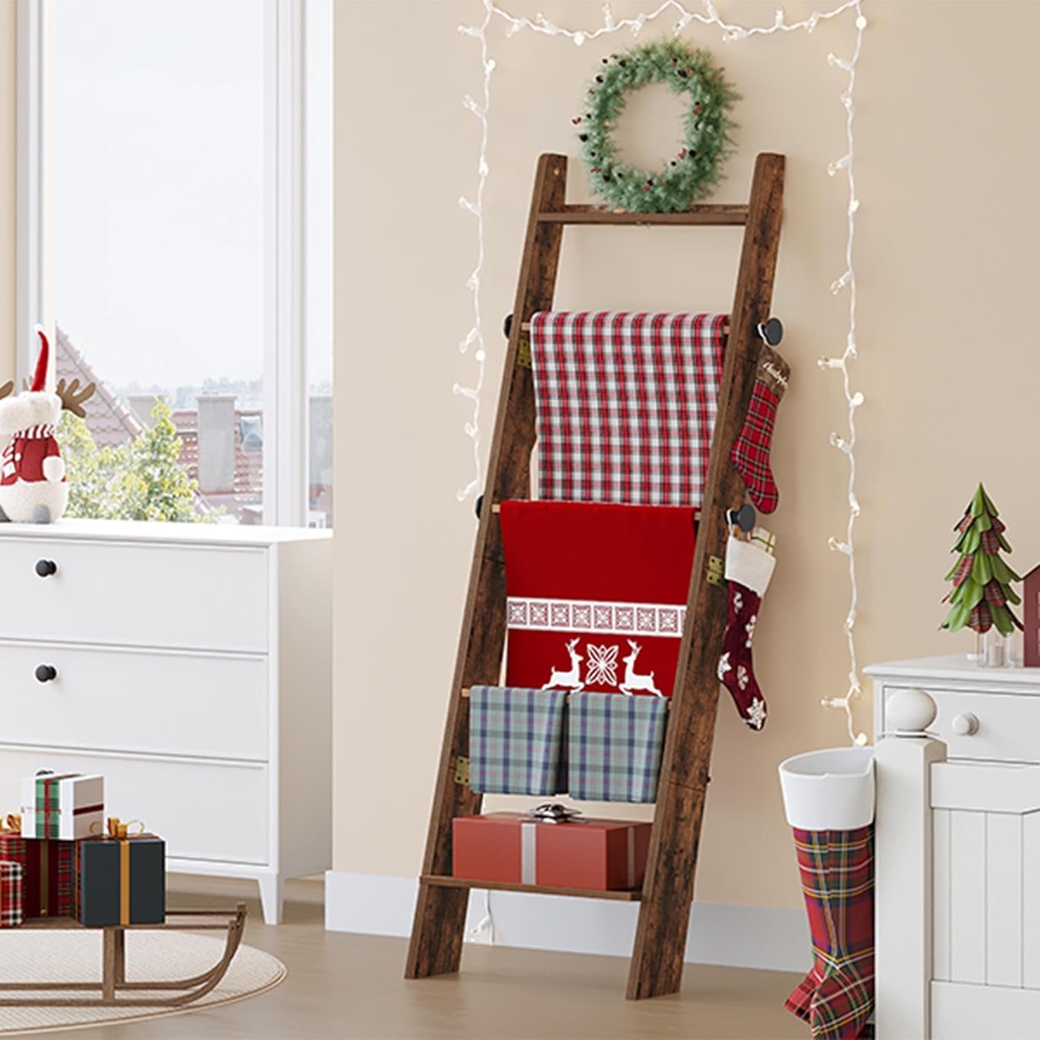 Hzuaneri Blanket Ladder for Living Room, Decorative Quilt Rack with 4 Removable Hooks, 5-Tier Blanket Ladder Shelf for Bedroom,Rustic Brown BR30501X