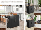 Kitchen Storage Island, Wooden Rolling Kitchen Island On Wheels with Countertop, Mobile Kitchen Island Cart with Towel Rack, Spice Rack and Drawers, Black