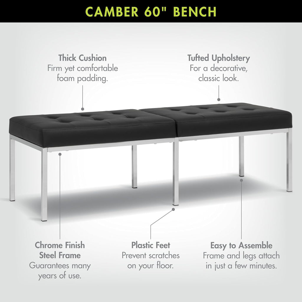 Studio Designs Home Camber Modern Dining Room 60" Legs and Tufted Faux Leather, Entryway or Livingroom Accent Bench, Chrome/Black