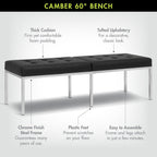Studio Designs Home Camber Modern Dining Room 60" Legs and Tufted Faux Leather, Entryway or Livingroom Accent Bench, Chrome/Black