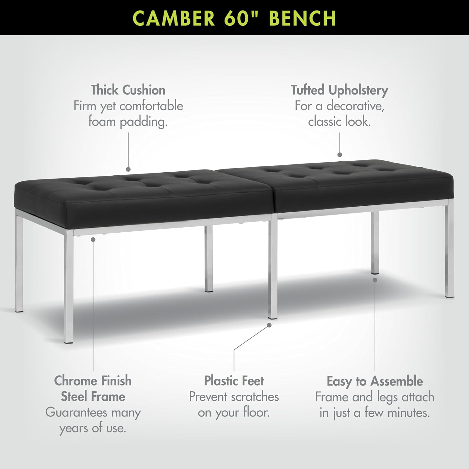 Studio Designs Home Camber Modern Dining Room 60" Legs and Tufted Faux Leather, Entryway or Livingroom Accent Bench, Chrome/Black