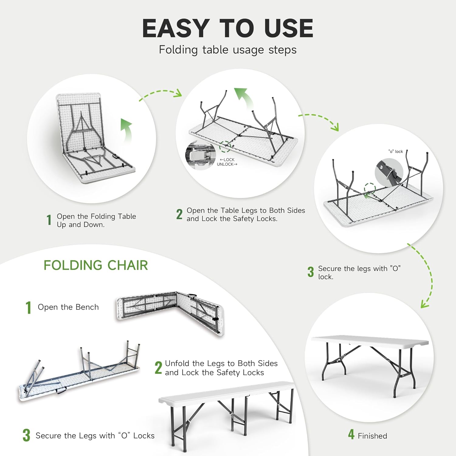 6FT Folding Table Set with 2 Folding Benches, Locking Safety Design, Heavy Duty HDPE Materials, 3-Piece Portable Folding Furniture for Camping, Picnic, Party, Indoor & Outdoor,White