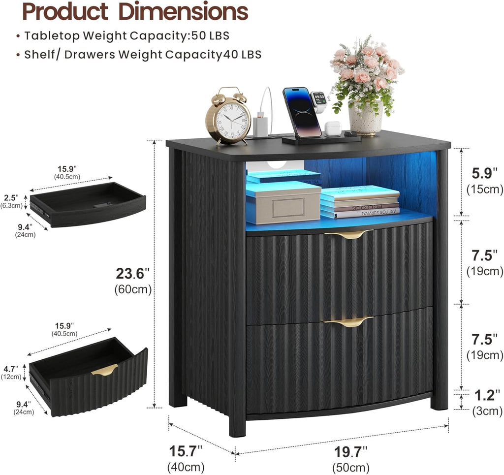 Dystler Fluted Night Stand with Gun Drawer & Card-Lock, 19.7" W Curved Nightstand with Charging Station and LED Lights, 2 Drawers Smart Bedside Table for Bedroom (1, Black)