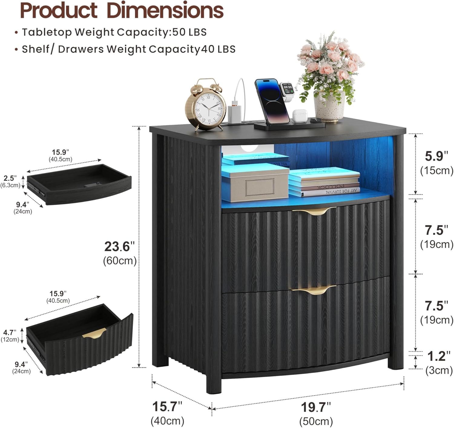 Dystler Fluted Night Stand with Gun Drawer & Card-Lock, 19.7" W Curved Nightstand with Charging Station and LED Lights, 2 Drawers Smart Bedside Table for Bedroom (1, Black)