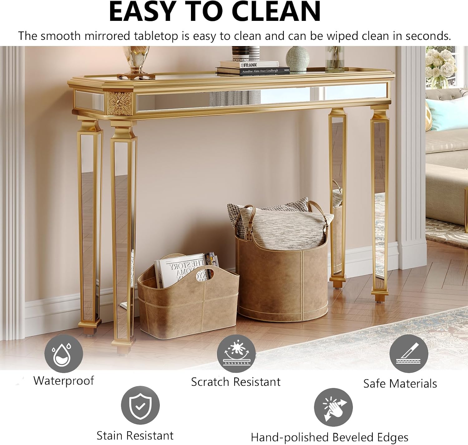 Gold Mirrored Console Table, 48" Rectangle Glass Sofa Table with Mirrored Vintage Carved Elements,Modern Luxury Mirror Furniture for Living Room Foyer Entrance Entryweay Hallway