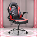 OLIXIS Computer Gaming Desk Chair - Ergonomic Video Game with Comfy Lumbar Support and headrest, PU Leather with Flip-up Arms, Adjustable Height and Swivel Wheels, for Adults, Black and Red
