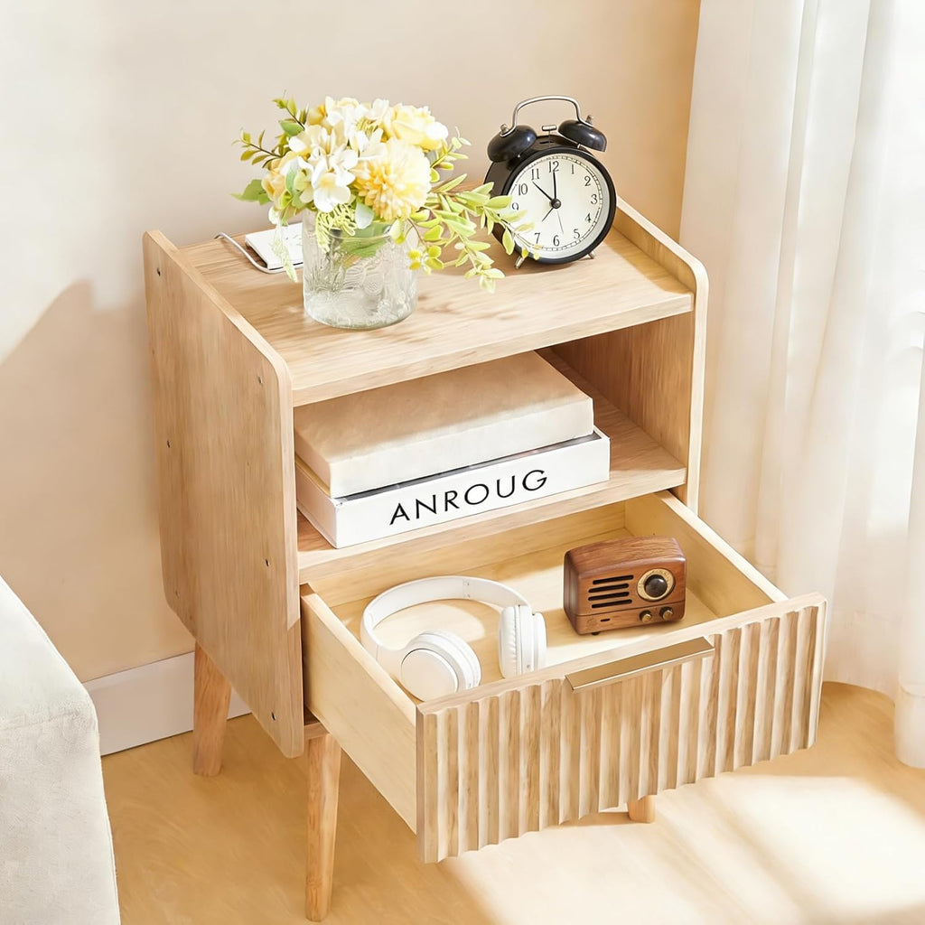 MAHANCRIS Nightstand with Charging Station and Modern Bedside Table Bundle, Natural End Table with Storage Drawers, Open Storage, Night Stand with Solid Wood Legs, for Bedroom, ETNA61E01-ETNA69E01