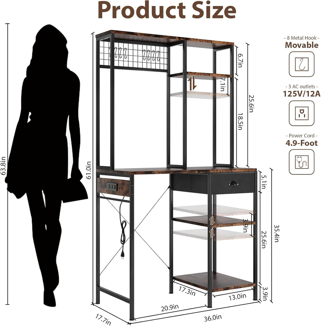 DreamDashio Over Mini Fridge Shelf with Power Outlet, 3-Tier Bakers Rack & Appliance Organizer for Microwave and Coffee Maker, Featuring Adjustable Shelves, Storage Drawer, 8 S-Hooks