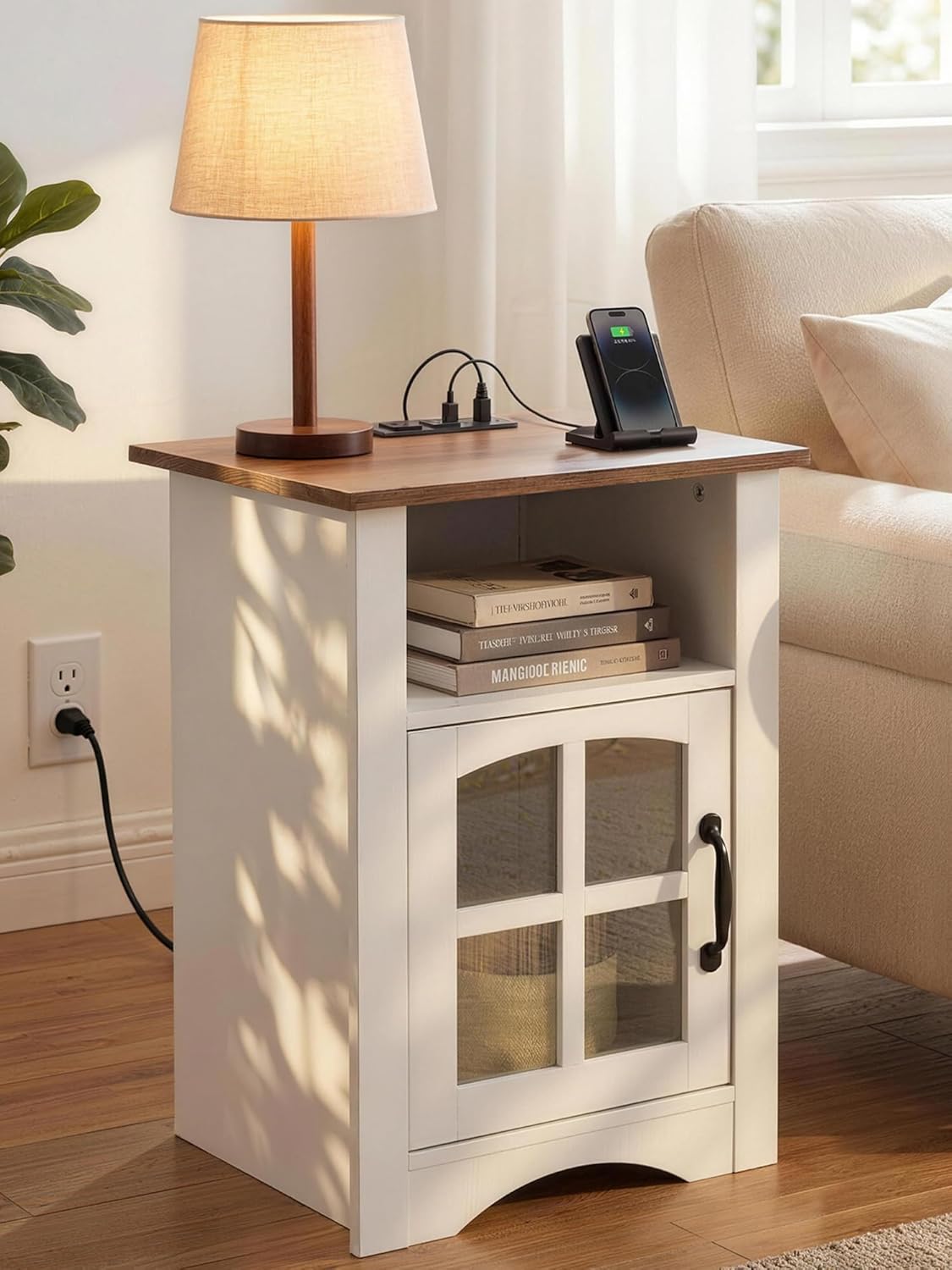 YESHOMY Farmhouse End Table with Charging Station, Night Stand with LED Light,Open Storage Shelf and Glass Door, Sofa Side Table for Living Room/Bedroom(White)