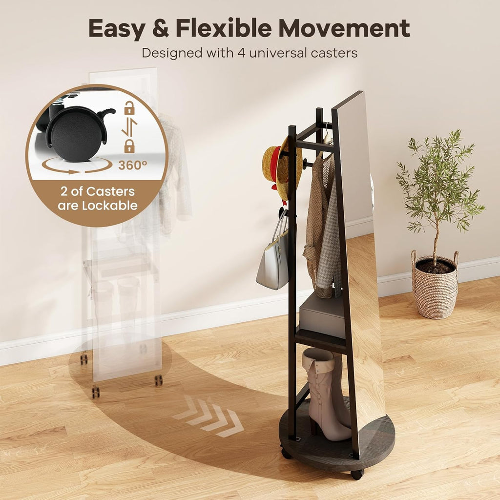 Tangkula Full Length Mirror with Coat Rack, Swivel 55" Standing Floor Mirror on Wheels with Shelves, Hanging Rods & Hooks, Coat Tree with Full Body Mirror for Living Room, Entryway, Bedroom