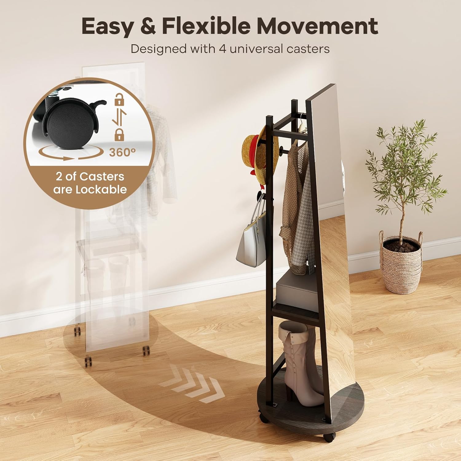 Tangkula Full Length Mirror with Coat Rack, Swivel 55" Standing Floor Mirror on Wheels with Shelves, Hanging Rods & Hooks, Coat Tree with Full Body Mirror for Living Room, Entryway, Bedroom