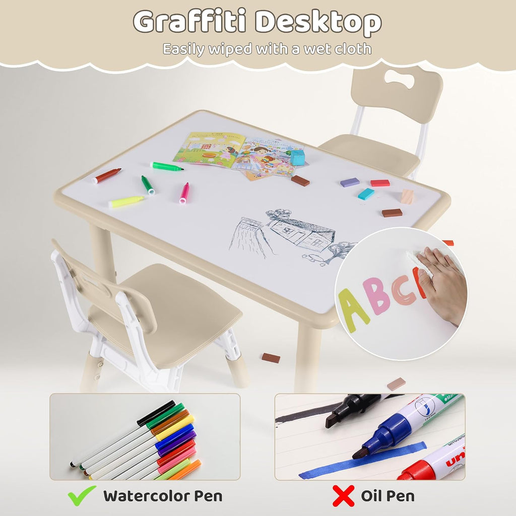 DOREROOM Kids Table and 4 Chairs Set, Height Adjustable (17.7"-26.1") Toddler Table and Chair Set, Multi-Activity Table with Graffiti Desktop, Children’s Table and Chairs for Classroom, Home & Daycare