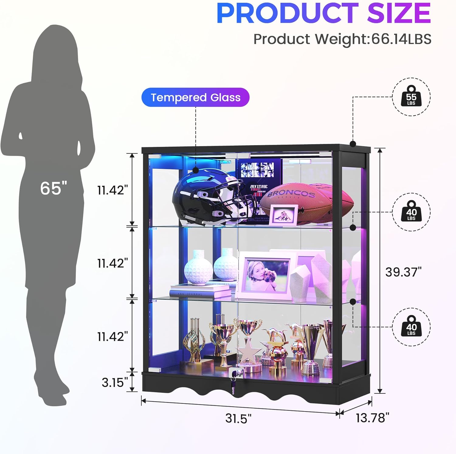 Dystler RGB Display Cabinet with Glass Doors - 39’‘ Tall Curio Cabinet with Lock & Adjustable Shelves, 3-Tier Display Case with Lights, for Collectibles/Figure/Helmet/Football, Black