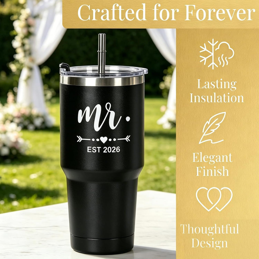 DHQH Mr and Mrs Gifts 2026 Tumbler Set, Engagement Wedding Gifts for Couples Wife Husband Bride To Be 30oz Travel Tumbler (Black & White)