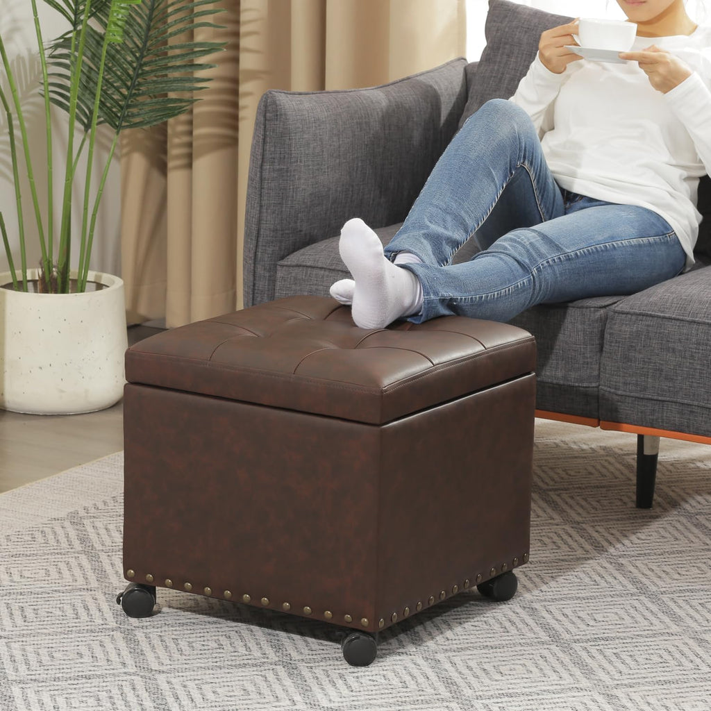 Leather Ottoman with Storage,Square Ottomans Foot Rest with Hinged Lid & Solid Wood Legs Upholstered Cube Footstool Hidden Storage for Living Room, Bedroom(Brown)