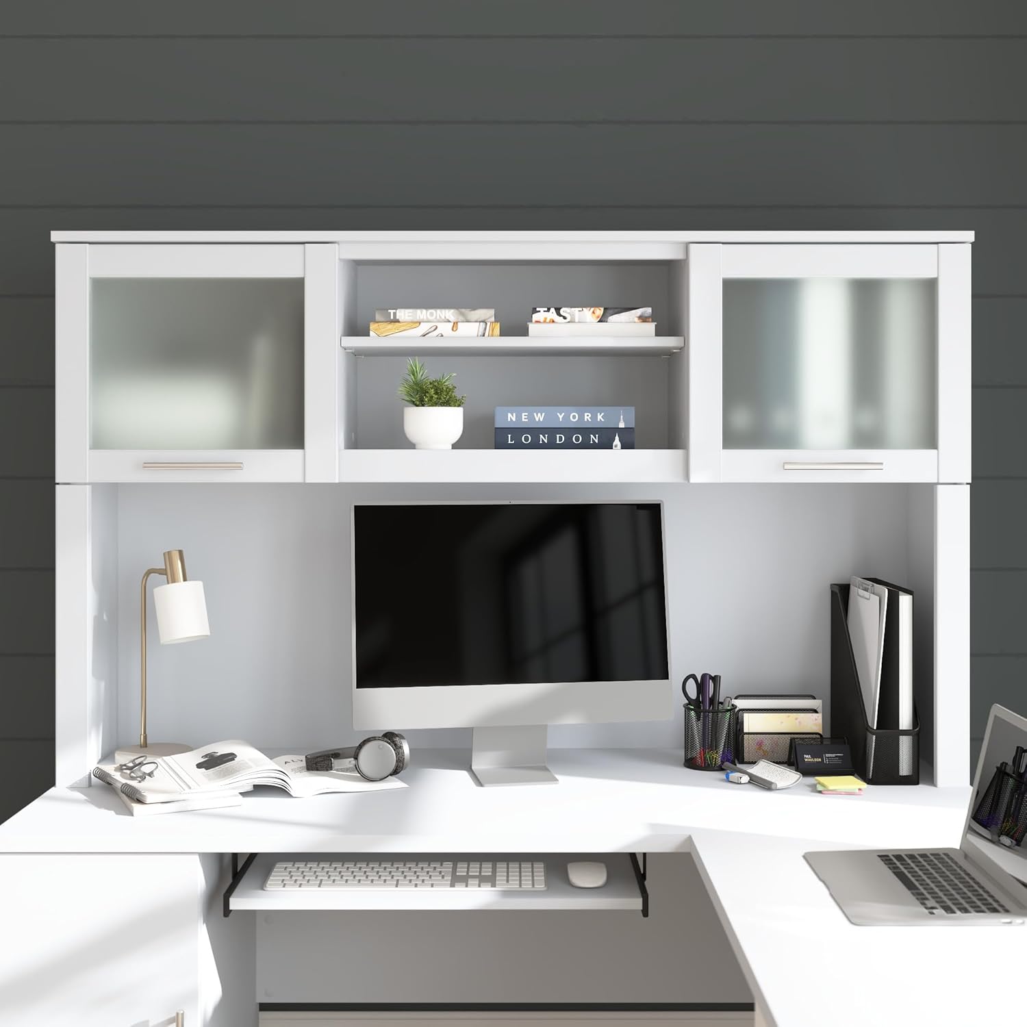 Bush Home 60-Inch Desk Hutch, Office Storage Organizer with Shelves, Cubbies and Frosted Glass Doors for Computer Desk, Home Office Furniture, Somerset Collection, White