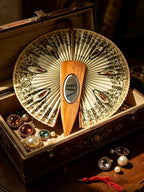 Antique Mirrored Mechanical Folding Fan for Women | Vintage Olive Wood, Swallow Pattern, Lace Trim, Victorian Style, Hidden Mirror