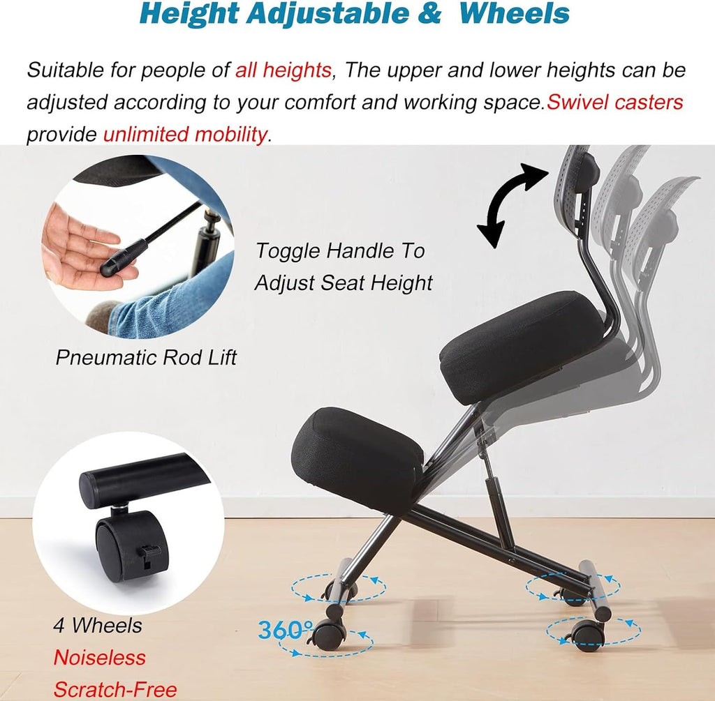 Cross Legged Office Chair - Height Adjustable Meditation Chair with 360° Casters for Home Workers and Fitness Enthusiasts (Black)