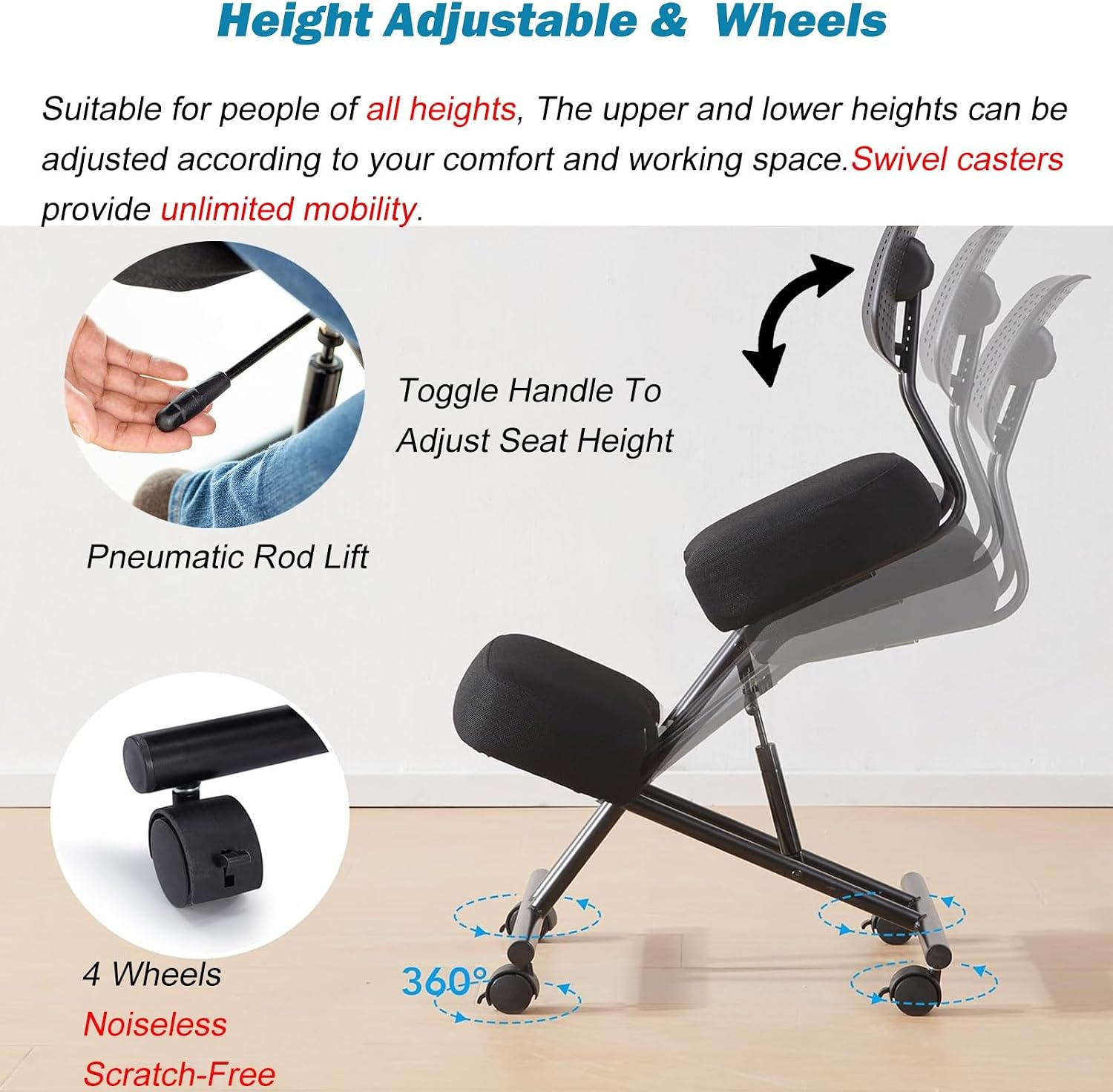 Cross Legged Office Chair - Height Adjustable Meditation Chair with 360° Casters for Home Workers and Fitness Enthusiasts (Black)