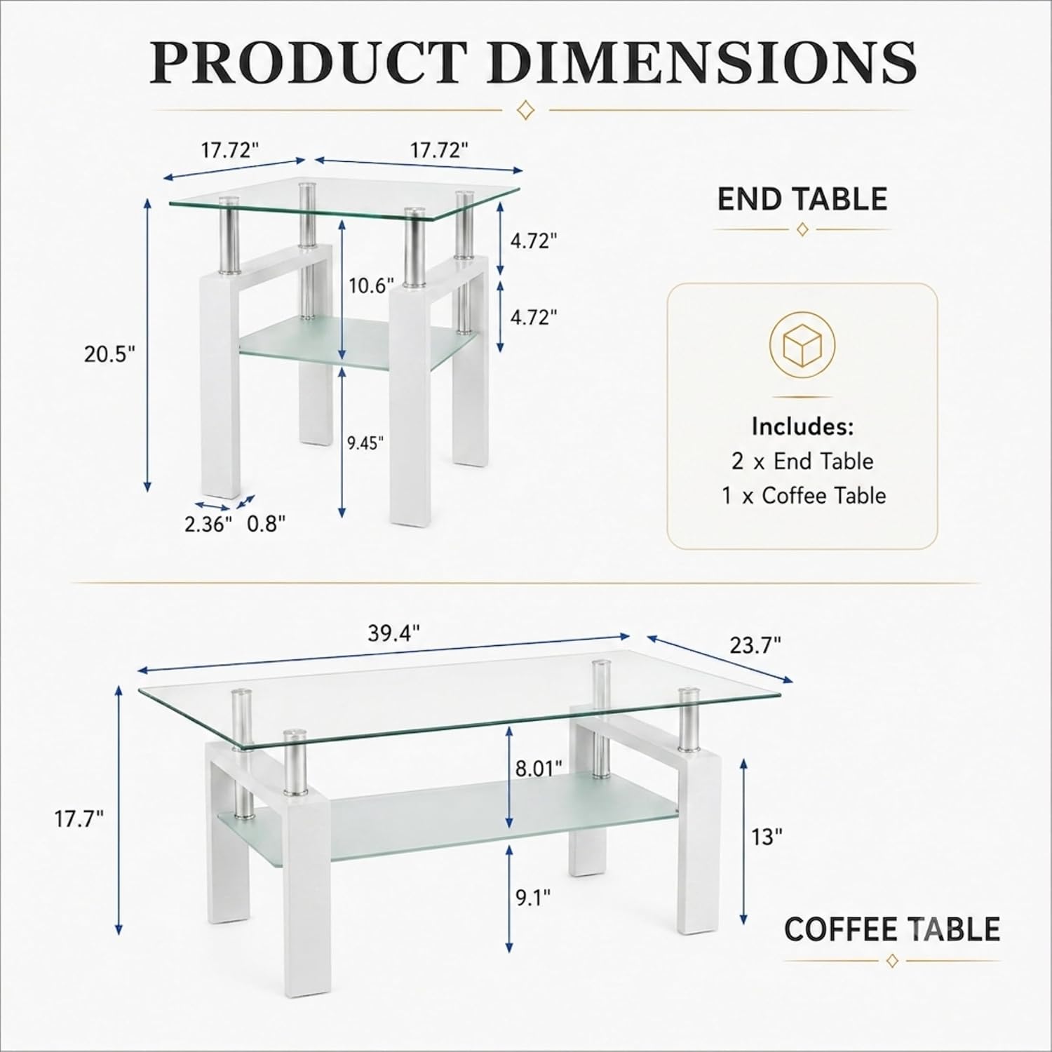 Meihua Glass Coffee Table and End Table Set of 3, Modern Living Room Table Set with Tempered Glass & Metal Frame, Double-Layer Side Tables (Clear Glass + White Leg, Set of 3)