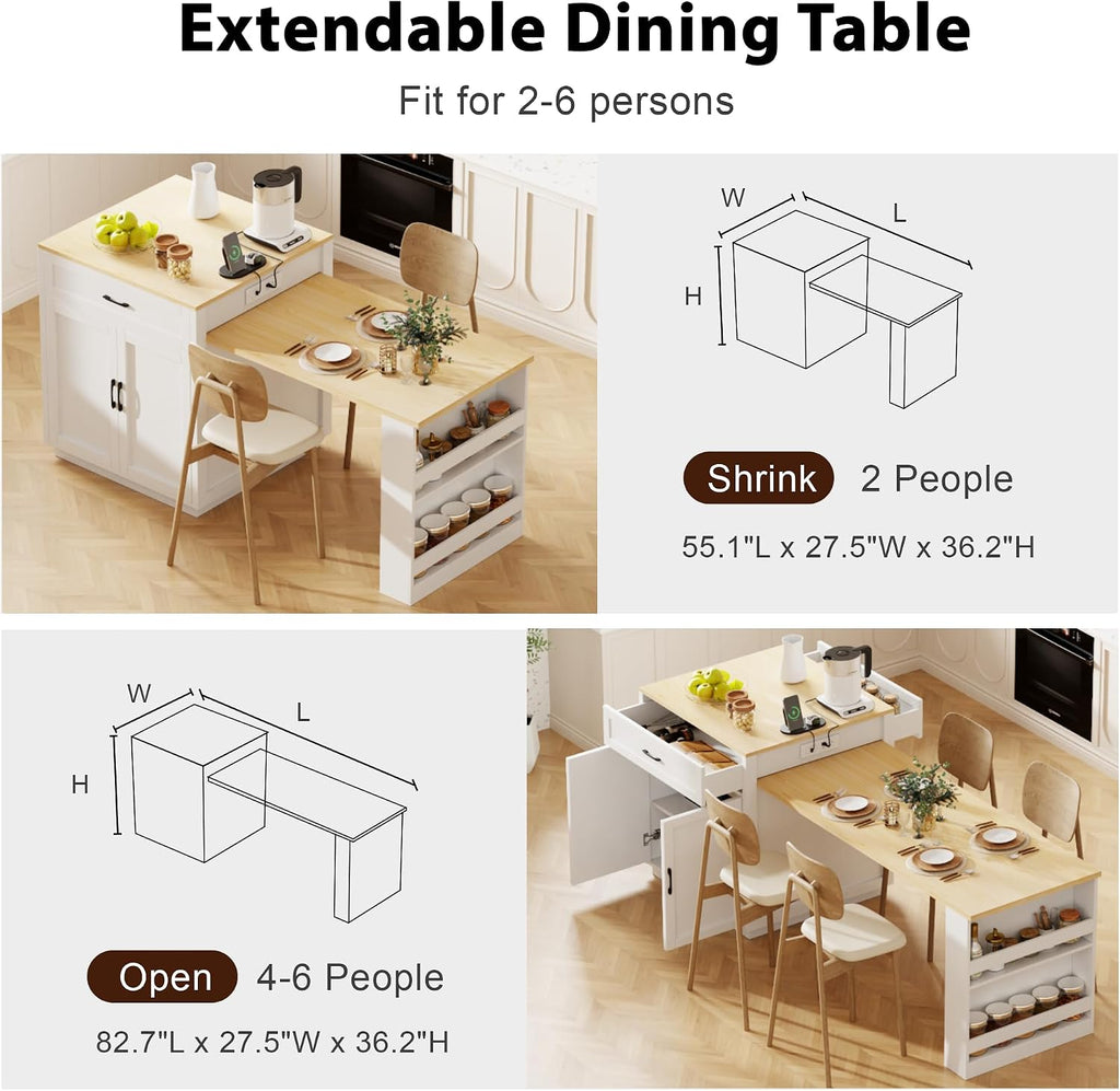 82.7" Kitchen Island with Extendable Dining Table, Faux Mable Table with Double-Sized Storage, Power Outlet, 2 Drawers, 2 Side Open Shelves for 4-6 Kitchen, Dining Room, White