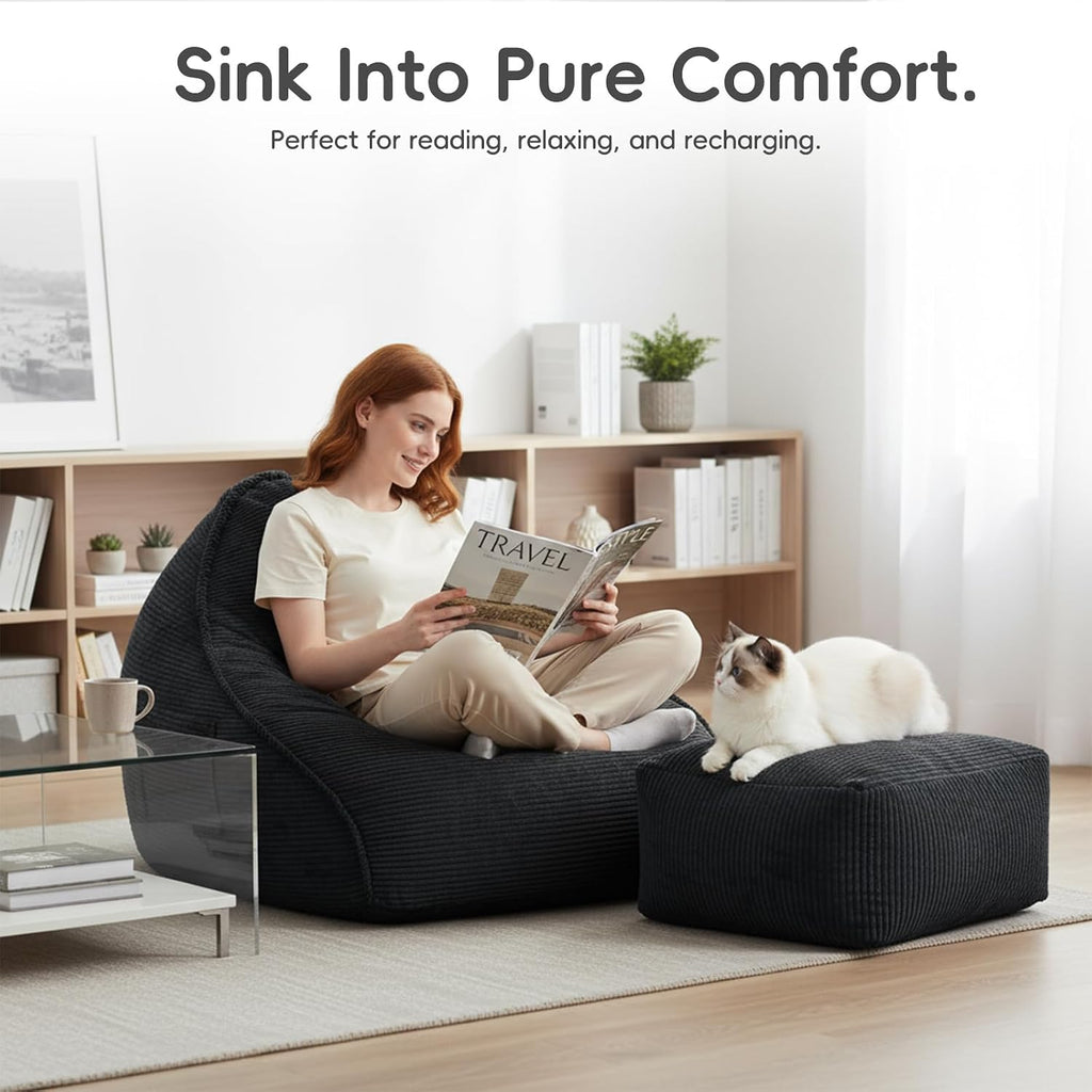 Bean Bag Chair with Ottoman for Adults, Large Corduroy Bean Bag Couch, Boneless Chaise Lounge Reading Chair with High-Resilience Foam, Floor Lounger for Bedroom Living Room (Black)