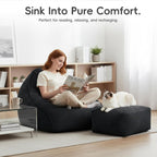 Bean Bag Chair with Ottoman for Adults, Large Corduroy Bean Bag Couch, Boneless Chaise Lounge Reading Chair with High-Resilience Foam, Floor Lounger for Bedroom Living Room (Black)