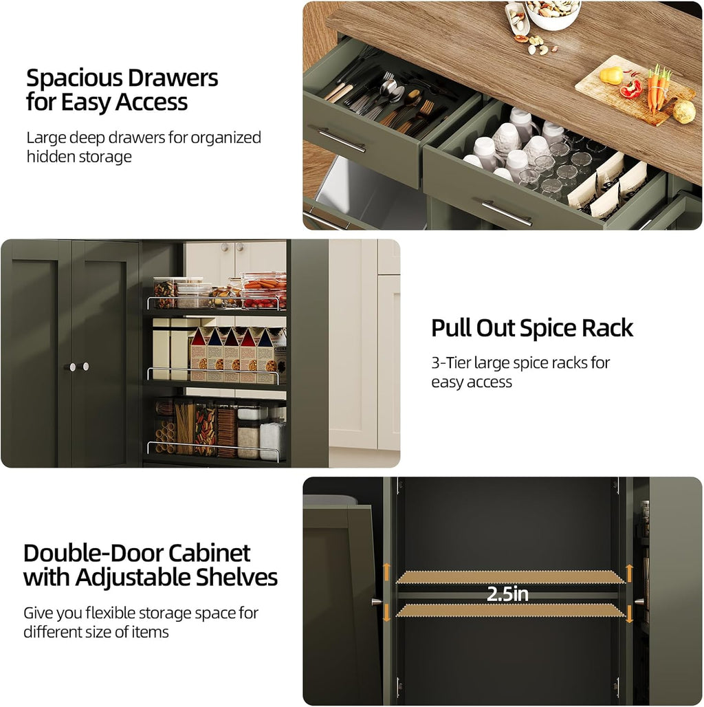 4 EVER WINNER 53" Kitchen Island with Storage, Rolling Kitchen Island with 3-Large Spice Racks and Trash can, Portable Island for Kitchen with Adjustable Shelves, Green