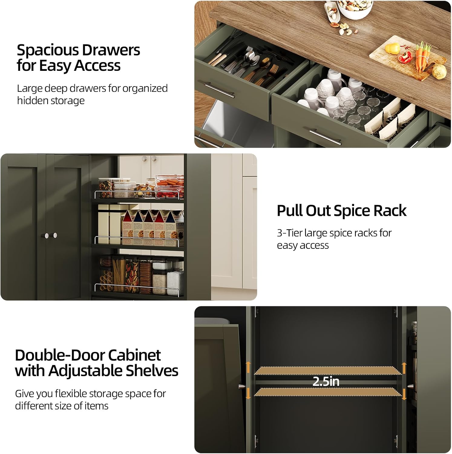 4 EVER WINNER 53" Kitchen Island with Storage, Rolling Kitchen Island with 3-Large Spice Racks and Trash can, Portable Island for Kitchen with Adjustable Shelves, Green
