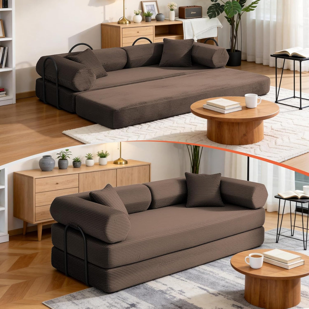 79" Corduroy Sofa Bed, Boneless Couch in a Box with 2 Pillows, High-Density Foam 4-in-1 Foldable Sleeper Futon Loveseat for Small Spaces, No Assembly, Side Pockets, Hex Arm Brown