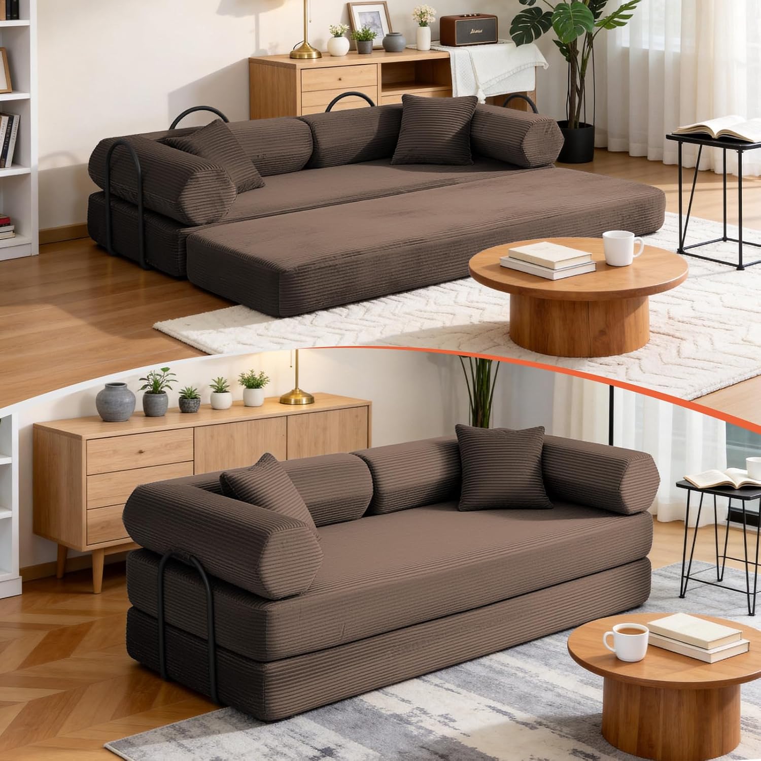 79" Corduroy Sofa Bed, Boneless Couch in a Box with 2 Pillows, High-Density Foam 4-in-1 Foldable Sleeper Futon Loveseat for Small Spaces, No Assembly, Side Pockets, Hex Arm Brown
