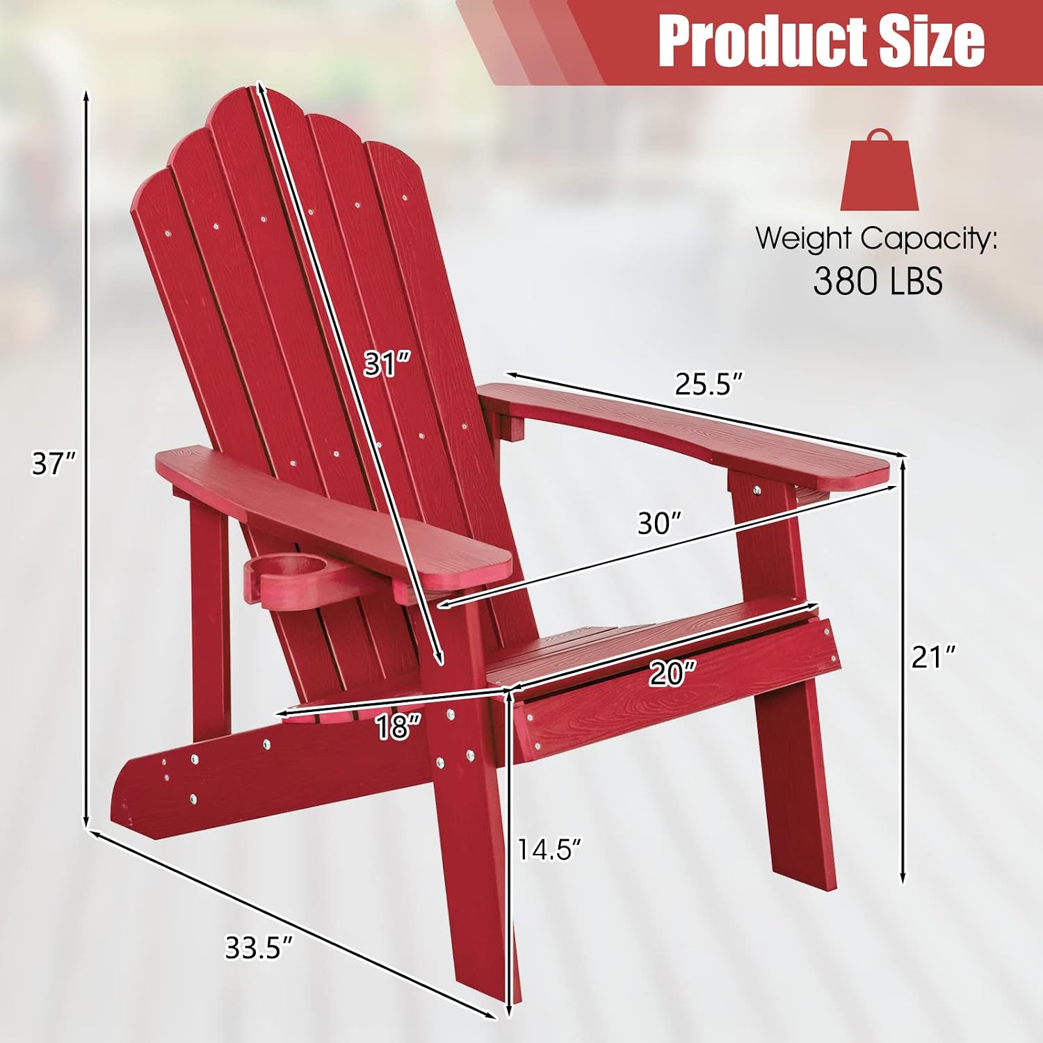Giantex Outdoor Adirondack Chair - Oversized Patio Chairs w/Hidden Cup Holder, Realistic Wood Grain, 380 LBS Weight Capacity, Weather Resistant Firepit Chairs for Backyard, Garden (1, Red)